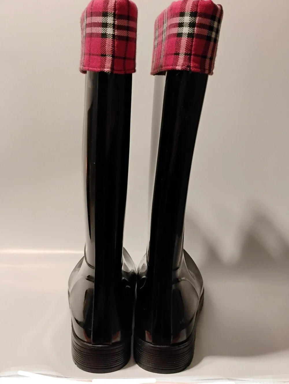 Sohne Rain Boots Rubbery Waterproof Plaid Cuff All Year Wellies Black Pink 9